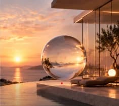 A glass sphere beside a sunlit coastal terrace