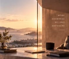 A quiet workspace with a golden coastal view