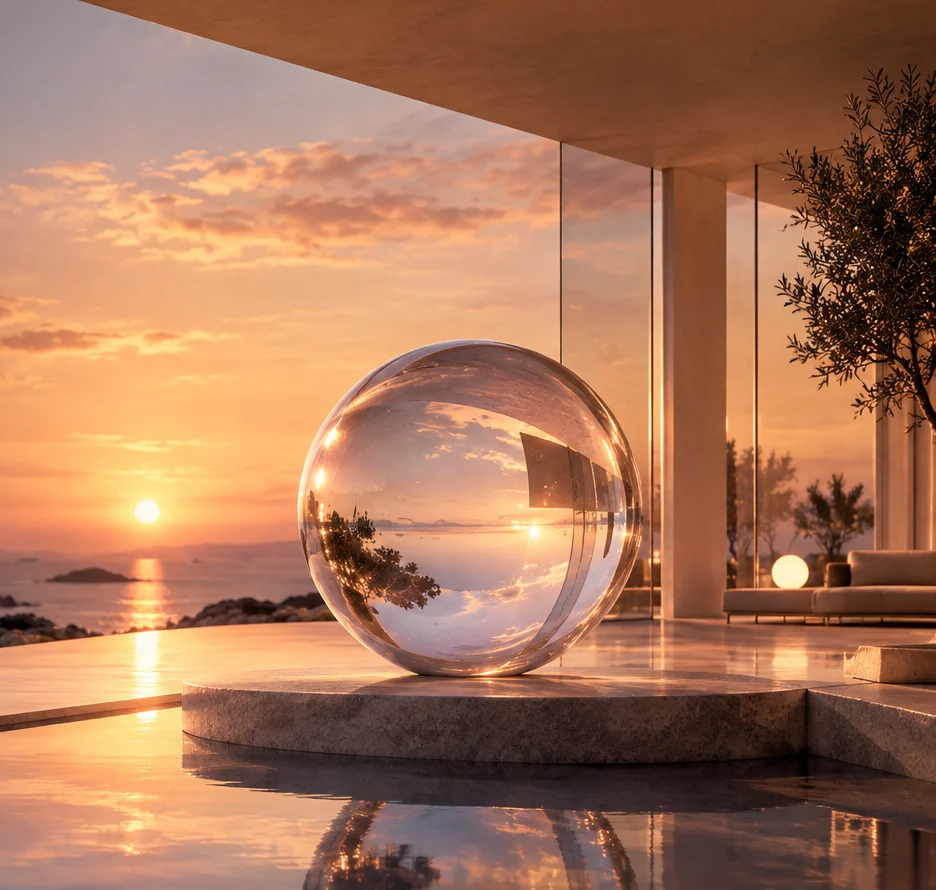 Golden light over a coastal residence, with a glass sphere reflected in water